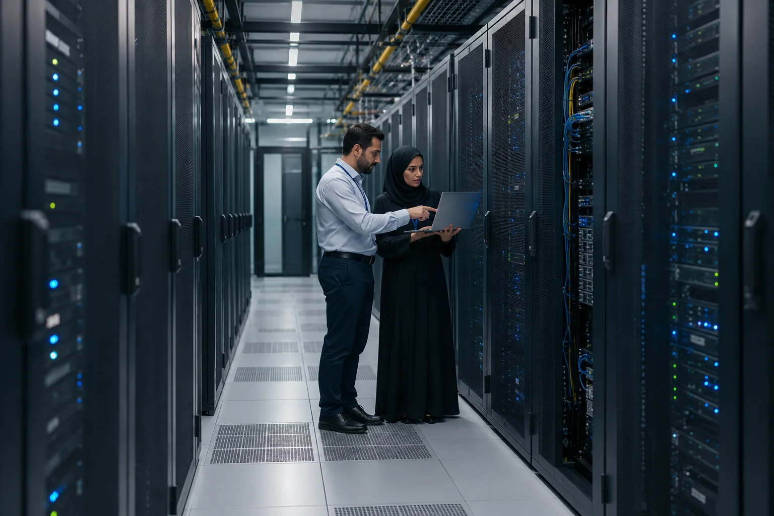 Engineers reviewing servers in a data centre — AI-generated illustration, not the actual client