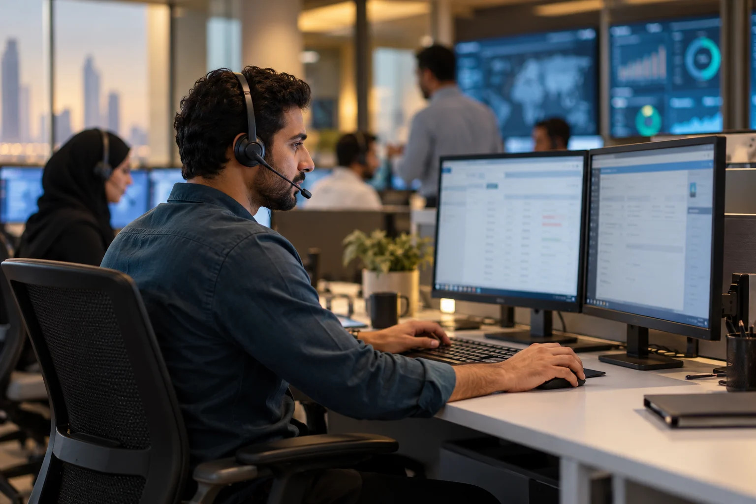 IT support specialist working at an enterprise service desk — AI-generated illustration, not the actual client