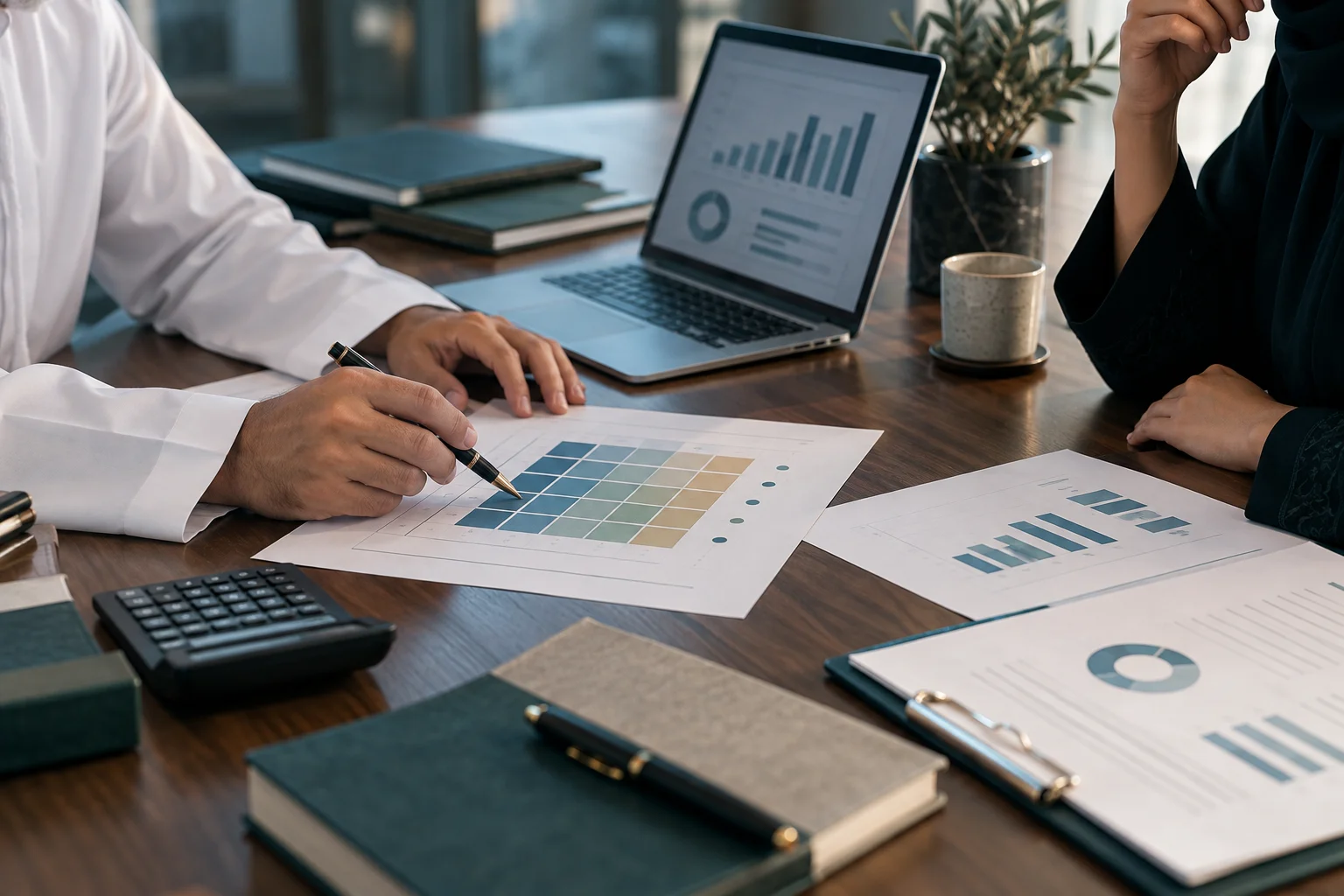 Analysts reviewing banking risk and compliance documents — AI-generated illustration, not the actual client