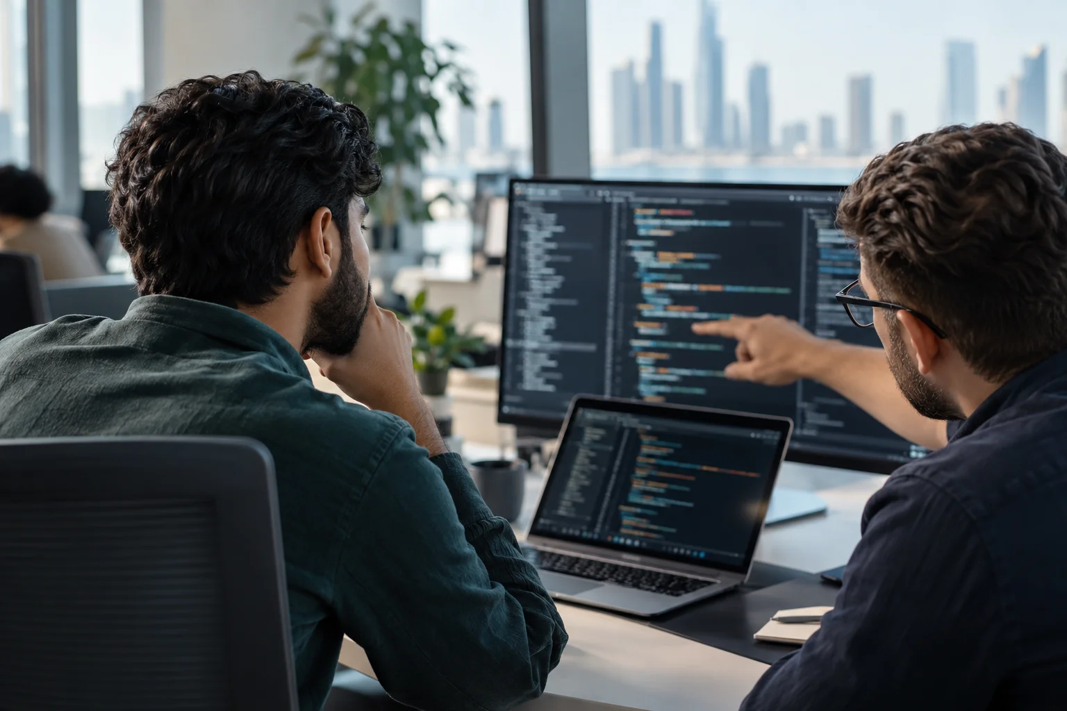 Software developers reviewing enterprise application code — AI-generated illustration, not the actual client