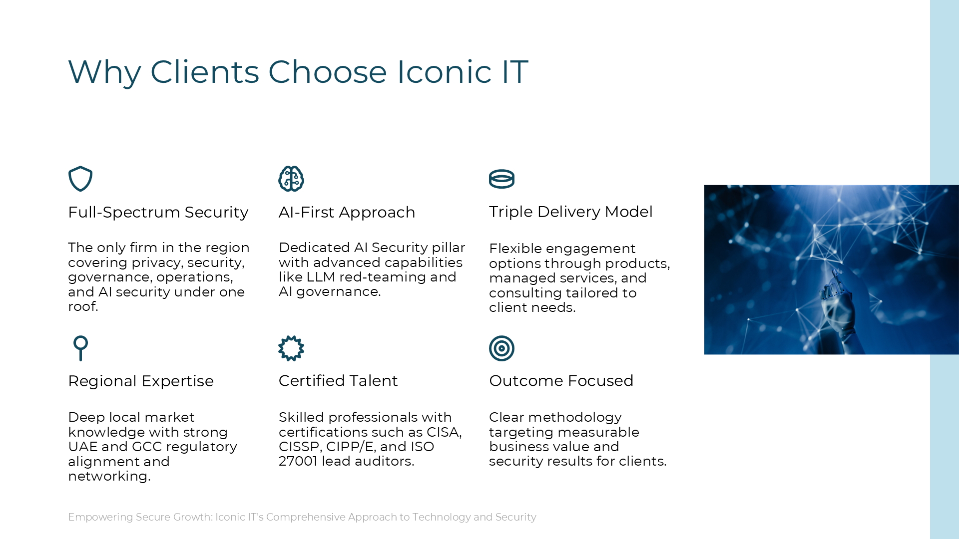 Iconic IT capabilities: full-spectrum security, AI security, flexible delivery models, regional expertise, certified talent and outcome-focused delivery.